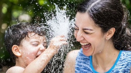 A mother and her son share a joyful moment, splashing water and laughing together in a lush summer garden. Their faces radiate happiness and delight.の素材