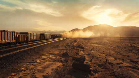 A striking desert landscape features a freight train traveling along a dusty track under a vibrant sunset. The scene captures the essence of adventure and tranquility in nature's beauty.の素材