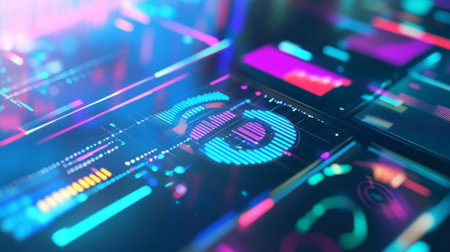 Explore a vibrant digital environment featuring colorful data visualizations and neon elements. Perfect for technology and innovation themes.の素材