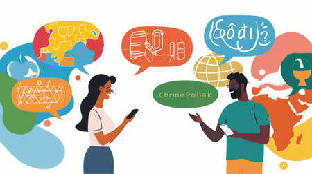 Two diverse individuals engage in a lively conversation, each using a digital device. Colorful speech bubbles highlight modern communication.の素材
