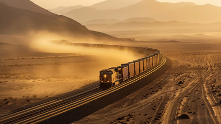 A freight train navigates a winding railway through a vast desert landscape at sunset. Dust clouds rise as it journeys along the golden tracks, revealing the beauty of nature.の素材