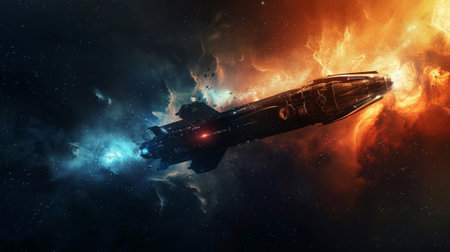 A stunning digital artwork showing a sleek rocket navigating through a vibrant cosmic nebula, radiating energy and light amidst the dark universe.の素材