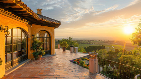 A stunning villa terrace showcases breathtaking views of the sunset and rolling landscape. Perfect for travel, relaxation, and enjoying natureの素材