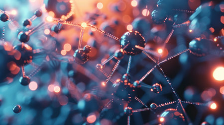 Close-up view of a molecular structure with glowing blue and orange spheres illustrates the beauty of science and technology in an artistic manner.の素材