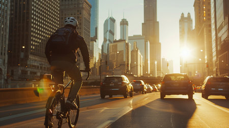 A lone cyclist rides through city traffic at sunset, highlighting urban lifestyle and motion. Skyscrapers create a stunning backdrop against fading sunlight.の素材