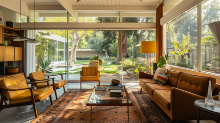 A cozy mid-century living room featuring ample natural light from large windows, elegant decor, and a welcoming garden view, perfect for relaxation and comfort.の素材