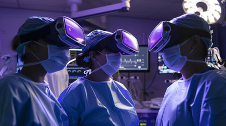 Three medical professionals in scrubs and VR headsets work together in a surgical setting, showcasing the integration of advanced technology into healthcare practices for training and patient care.の素材