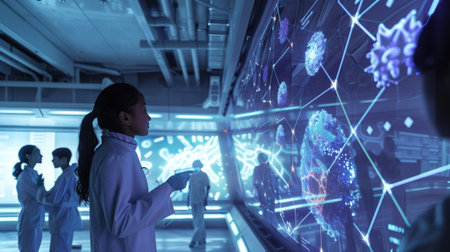 A scientist in a lab coat intently analyzes digital data on a futuristic display. The scene highlights advanced research and teamwork in a high-tech laboratory setting.の素材