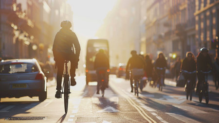 A cyclist rides through a bustling city street at sunrise, surrounded by vehicles and people. The warm sunlight creates a vibrant atmosphere, showcasing urban life.の素材