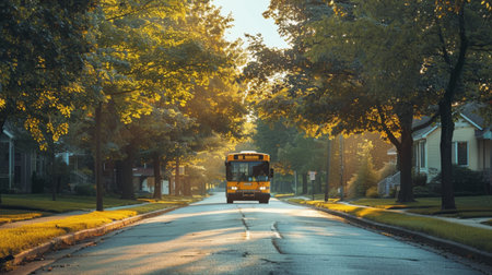 A bright yellow school bus travels down a serene tree-lined street, illuminated by soft morning light. The peaceful suburban setting captures the essence of a typical school day in a cheerful atmosphere.の素材
