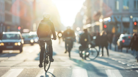 A vibrant city street scene captures a cyclist riding through a crosswalk with pedestrians moving in the warm glow of the sunset, showcasing urban lifestyle and motion.の素材