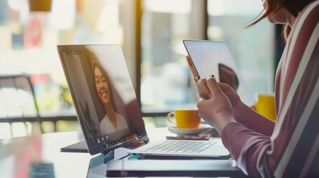 A woman engaged in a video call using her laptop in a vibrant cafe. The scene captures modern communication and connection in a lively atmosphere, enhancing productivity and interaction.の素材
