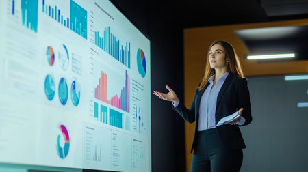 A businesswoman engages in a dynamic presentation, showcasing data insights on a digital screen in a modern office setting. Ideal for corporate themes.の素材