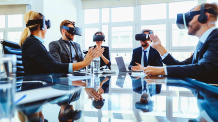 A dynamic business team actively engaged in a virtual reality meeting, showcasing the future of collaboration in a modern office setting.の素材