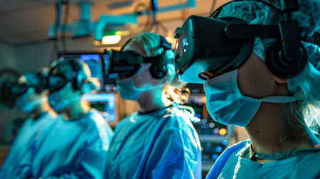 Surgeons engage with innovative virtual reality tools during a medical training session, enhancing skills and fostering collaboration in a dynamic healthcare environment.の素材