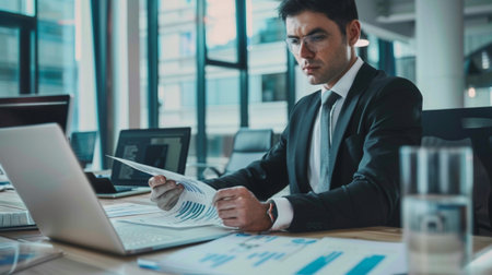 A focused businessman dressed in formal attire reviews financial reports in a modern office, showcasing a blend of professionalism and high technology in a corporate environment.の素材
