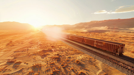 A stunning desert landscape showcasing a train journey at sunset. The warm golden tones create a peaceful atmosphere, perfect for travel and adventure themes.の素材