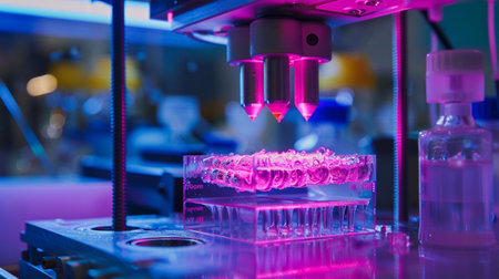 This image showcases cutting-edge 3D printing technology in a laboratory setting. The vibrant colors and intricate details highlight the precision and innovation involved in modern research.の素材