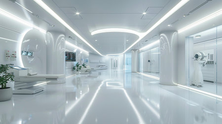 A sleek and modern medical facility interior featuring bright lighting, clean lines, and advanced equipment, promoting comfort and well-being for patients and staff.の素材