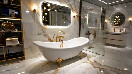 A stunning modern bathroom featuring a luxurious free-standing bathtub, marble tiles, and elegant lighting. Ideal for relaxation and stylish interior design.の素材
