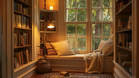 A peaceful reading nook adorned with soft cushions, a warm lamp, and shelves filled with books. Sunlight filters through the window, creating a cozy ambiance.の素材