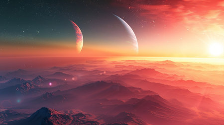 An awe-inspiring digital artwork depicting a surreal landscape with two planets floating above misty mountains during a vibrant sunset. Ideal for sci-fi enthusiasts.の素材