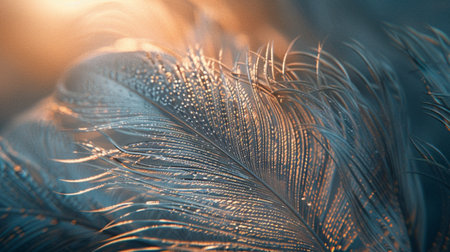 This stunning close-up of a delicate feather captures intricate details and reflections of soft light, showcasing nature's beauty and elegance in a serene composition.の素材