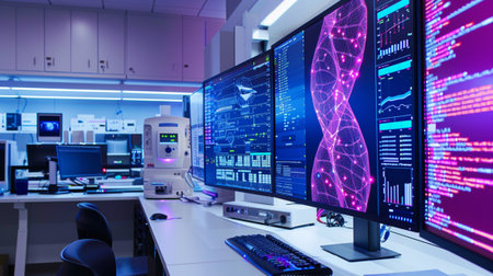 A modern laboratory showcasing high-tech monitors displaying vibrant digital data and DNA structures, highlighting innovation in scientific research and analysis.の素材