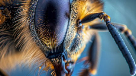 Stunning close-up macro photography captures the intricate details of a bee, showcasing its compound eye, antenna, and delicate features in vivid clarity.の素材