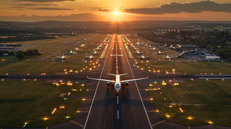 Stunning aerial view of an airplane positioned on a lit runway during sunset, showcasing a vibrant sky and intricate airport landscape, perfect for travel themes.の素材