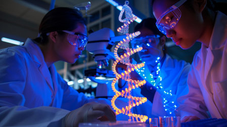 Three students conduct a scientific experiment in a lab, focusing on a colorful DNA model. The atmosphere emphasizes teamwork, learning, and innovation in science.の素材