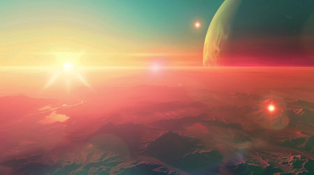 Stunning digital artwork showcasing a vibrant cosmic landscape featuring an alien planet, distant stars, and dramatic lighting elements. Perfect for fantasy and science themes.の素材