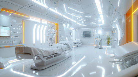 A sleek and modern futuristic hospital room showcasing advanced medical technology, bright lighting, and an innovative design focused on patient care and recovery.の素材
