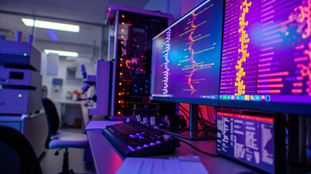 A modern computer laboratory equipped with advanced monitors displaying data analysis graphics and scientific information, ideal for technological research.の素材