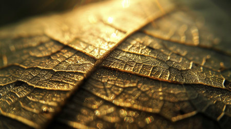 This close-up image captures the intricate texture of a leaf, showcasing detailed patterns illuminated by warm sunlight. A perfect representation of nature's beauty.の素材