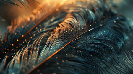 Captivating close-up of a feather adorned with shimmering dew drops. The intricate textures and captivating colors create a serene and elegant atmosphere, perfect for artistic purposes.の素材