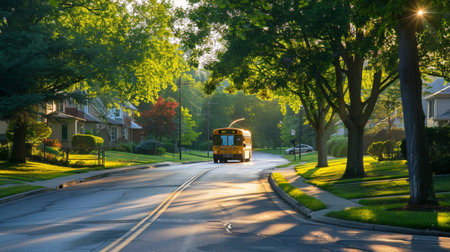 A tranquil morning view of a school bus navigating a peaceful, tree-lined street, illuminated by soft sunlight filtering through vibrant greenery.の素材