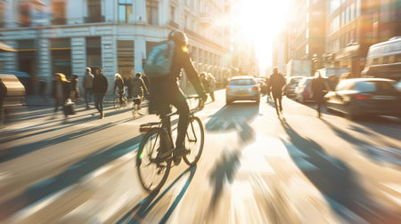 A vibrant urban scene captures a cyclist navigating through busy city streets. Sunlight reflects off buildings, creating an energetic atmosphere filled with movement and life.の素材