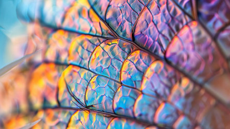 Discover the stunning beauty of a close-up view of an iridescent leaf, showcasing a vibrant interplay of colors and light in natureの素材