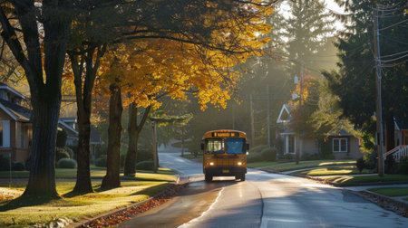 A serene autumn morning on a quiet suburban street, featuring a yellow school bus driving through a landscape filled with vibrant leaves and soft sunlight.の素材