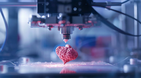 A close-up of a 3D printer in action, producing a heart-shaped brain model. This image captures the intersection of technology and creativity in a laboratory environment.の素材
