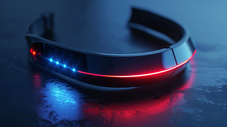 A sleek and modern headset featuring glowing LED lights, set against a dark surface. Ideal for technology and innovation themes, this image evokes a futuristic ambiance.の素材