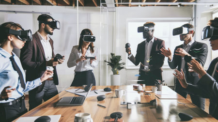 A diverse business team immersed in a virtual reality experience at an office. The scene highlights modern technology, collaboration, and innovation in a professional setting.の素材