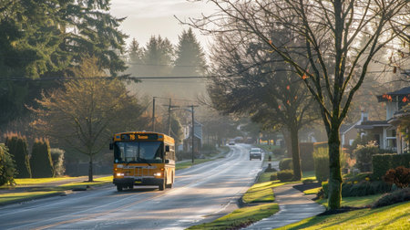A yellow urban bus travels down a peaceful street during an early morning. Fog gently envelops the area while sunlight creates a serene atmosphere.の素材