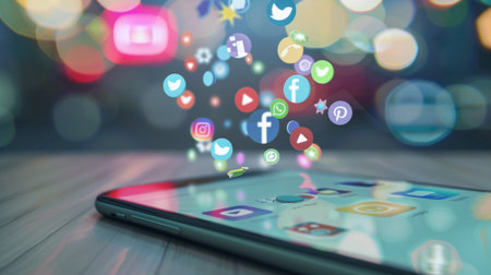 A vibrant smartphone screen displaying various social media icons, illustrating digital communication and interaction in a colorful and modern context.の素材