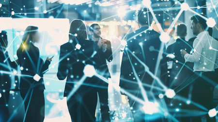 Professionals engage in conversation during a networking event, surrounded by abstract digital connections that symbolize communication and collaboration in modern business settings.の素材