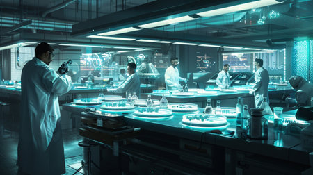 A group of scientists works together in a modern laboratory, utilizing advanced technology and equipment for innovative research and discoveries in various scientific disciplines.の素材