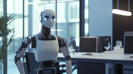 A sleek humanoid robot stands in a modern office setting, showcasing advanced design and technology. Ideal for concepts of automation and innovation in workspaces.の素材