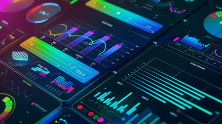 Vibrant digital dashboard showcasing various data visualizations, graphs, and analytics tools. Ideal for technology, business, and research themes.の素材