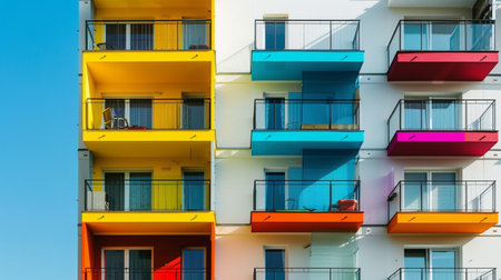 A striking apartment building featuring a dynamic color palette, with balconies and modern design elements. This image captures urban vibrancy and creativity.の素材